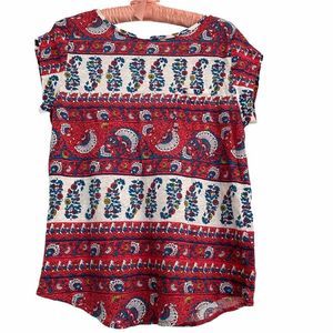 LOFT Linen Boho Paisley Print T-shirt Red Blue Med